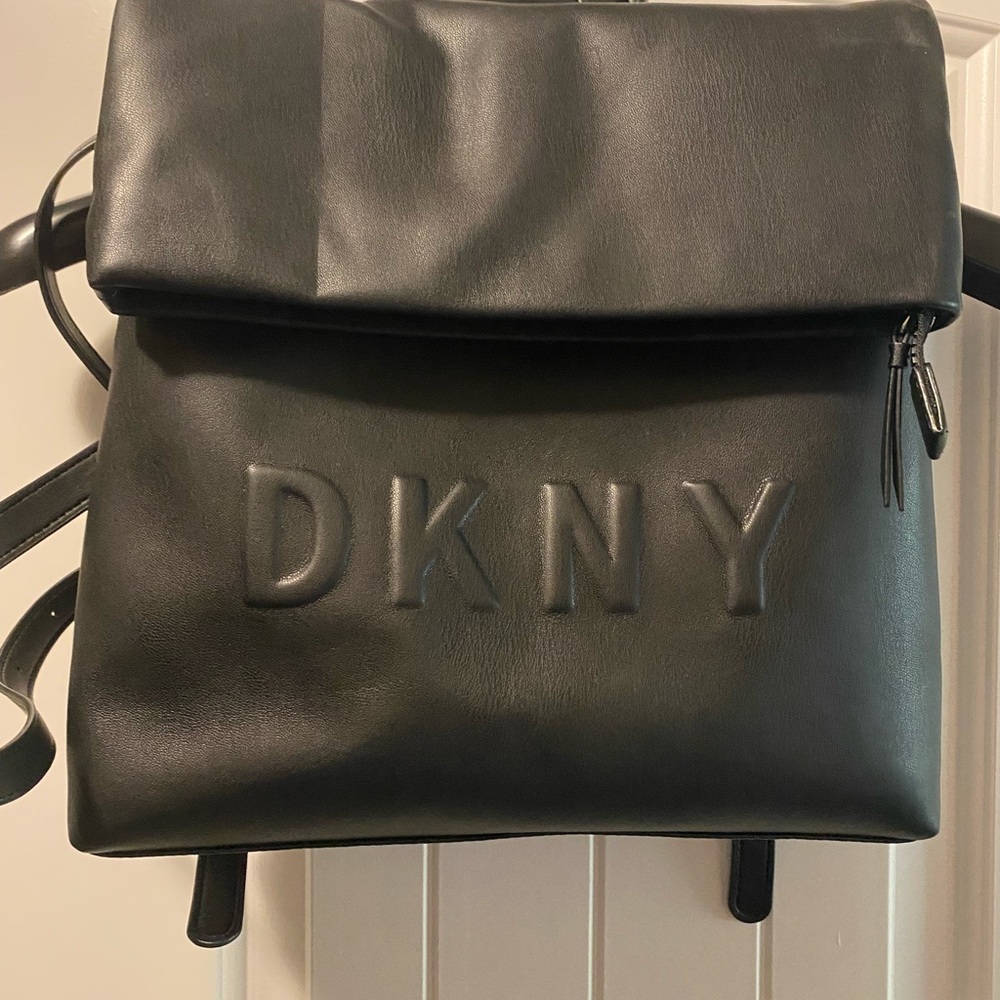 DKNY Black Leather Backpack Minimalist Design